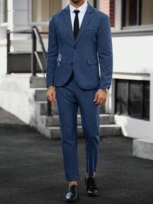 Manfinity Mode Men's Solid Color Button Front Long Sleeve Blazer And Pants Set,Relaxed Lapel Bias Pocket Dress Suits For Wedding Formal Ceremony - Navy Blue - View 3