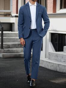 Manfinity Mode Men's Solid Color Button Front Long Sleeve Blazer And Pants Set,Relaxed Lapel Bias Pocket Dress Suits For Wedding Formal Ceremony - Navy Blue - View 5