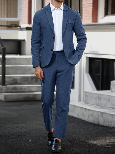 Manfinity Mode Setelan Blazer dan Celana Panjang Pria Warna Polos Lengan Panjang Kancing Depan, Kerah Longgar dengan Saku Miring untuk Acara Formal Pernikahan