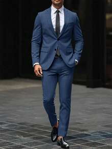 Manfinity Mode Men's Solid Color Button Front Long Sleeve Blazer And Pants Set,Relaxed Lapel Bias Pocket Dress Suits For Wedding Formal Ceremony - Navy Blue - View 6