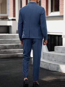 Manfinity Mode Men's Solid Color Button Front Long Sleeve Blazer And Pants Set,Relaxed Lapel Bias Pocket Dress Suits For Wedding Formal Ceremony - Navy Blue - View 2
