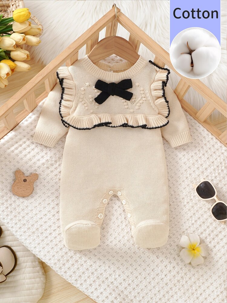 SHEIN Vintaside Kids Newborn Baby Sweater Onesies Fashionable Cute Knitted 3D Bow Round Neck Back Button Long Sleeve Ruffle Hem Footed Romper Pure Cotton Soft Comfortable Suitable For Spring Autumn Winter Daily Wear Outings Travel Vacation - Apricot - View 9