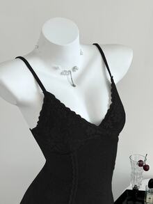 Elamini Women's V-Neck Lace Patchwork Summer Vacation Wear Knitted Stretch High-Waisted Ribbed Casual Sexy Tank Top - Black - View 5