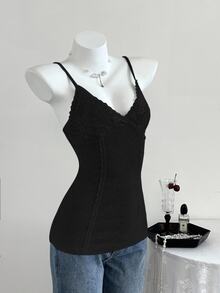Elamini Women's V-Neck Lace Patchwork Summer Vacation Wear Knitted Stretch High-Waisted Ribbed Casual Sexy Tank Top - Black - View 6