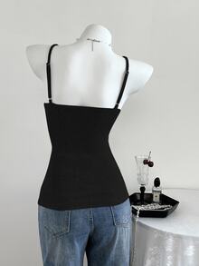 Elamini Women's V-Neck Lace Patchwork Summer Vacation Wear Knitted Stretch High-Waisted Ribbed Casual Sexy Tank Top - Black - View 2