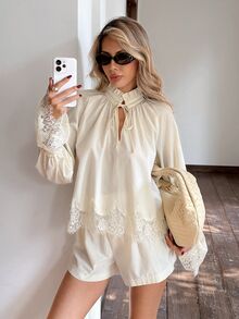 Serisse Women's Solid Color Ruffle Collar Tie Neck Contrast Lace Bell Sleeve Blouse And Shorts Elegant 2 Pieces Set - Multicolor - View 4