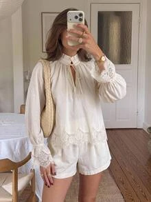Serisse Women's Solid Color Ruffle Collar Tie Neck Contrast Lace Bell Sleeve Blouse And Shorts Elegant 2 Pieces Set - Multicolor - View 11