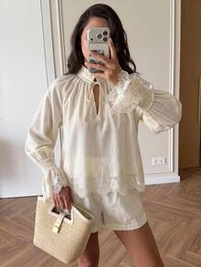 Serisse Women's Solid Color Ruffle Collar Tie Neck Contrast Lace Bell Sleeve Blouse And Shorts Elegant 2 Pieces Set - Multicolor - View 7