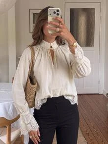 Serisse Women's Solid Color Ruffle Collar Tie Neck Contrast Lace Bell Sleeve Blouse And Shorts Elegant 2 Pieces Set - Multicolor - View 13