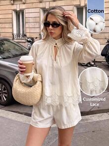 Serisse Women's Solid Color Ruffle Collar Tie Neck Contrast Lace Bell Sleeve Blouse And Shorts Elegant 2 Pieces Set - Multicolor - View 9