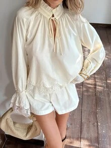 Serisse Women's Solid Color Ruffle Collar Tie Neck Contrast Lace Bell Sleeve Blouse And Shorts Elegant 2 Pieces Set - Multicolor - View 5