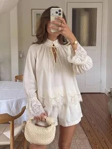 Serisse Women's Solid Color Ruffle Collar Tie Neck Contrast Lace Bell Sleeve Blouse And Shorts Elegant 2 Pieces Set - Multicolor - View 10