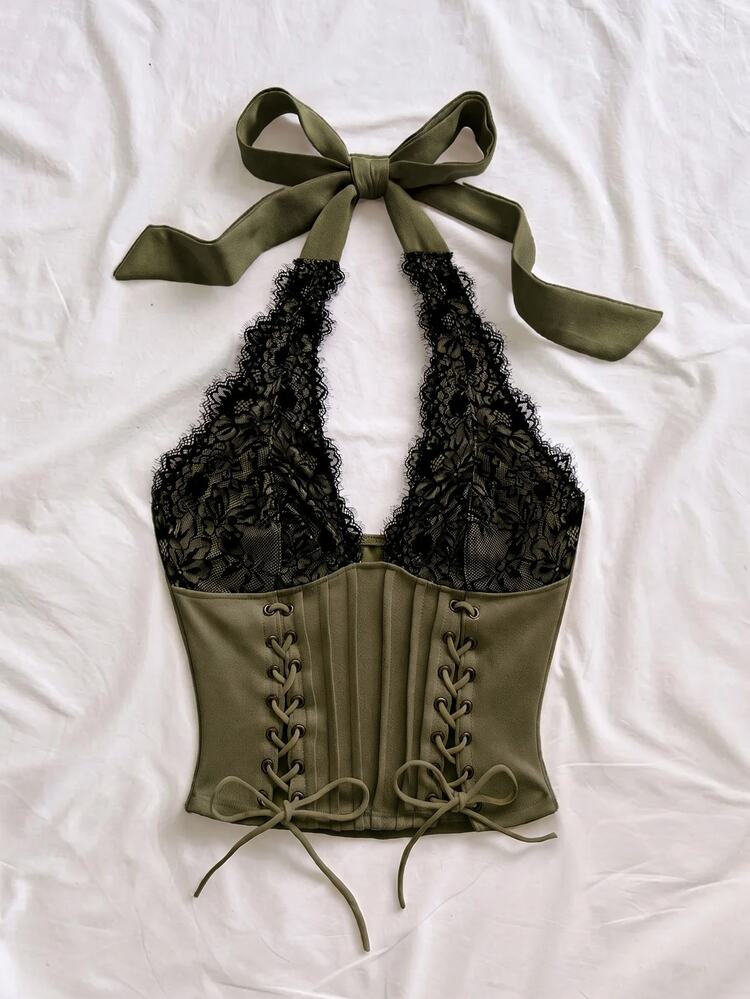 Soleia New Back To School Casual Vacation Western Beach Wedding Guest Outfit Graduation Brunch Women's Clothing St. Patrick's Day Spring Break Easter Music Festival Elegant Bohemian Tropical Elegant Black Lace Patchwork Tie Strap Halter Backless Women's Tank Top - Army Green - View 5