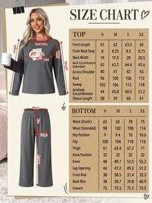 SHEIN Cottnline Slow Time Slogan Breakfast Print Long Sleeve Solid Color Pajama Set Lounge Dark Grey Spring Casual Graphic - Dark Grey - View 6