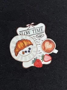 SHEIN Cottnline Slow Time Slogan Breakfast Print Long Sleeve Solid Color Pajama Set Lounge Dark Grey Spring Casual Graphic - Dark Grey - View 7