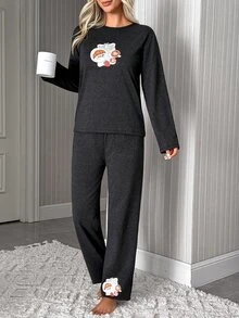 SHEIN Cottnline Slow Time Slogan Breakfast Print Long Sleeve Solid Color Pajama Set Lounge Dark Grey Spring Casual Graphic - Dark Grey - View 4