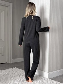 SHEIN Cottnline Slow Time Slogan Breakfast Print Long Sleeve Solid Color Pajama Set Lounge Dark Grey Spring Casual Graphic - Dark Grey - View 3