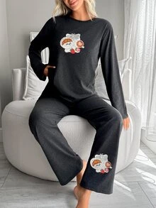SHEIN Cottnline Slow Time Slogan Breakfast Print Long Sleeve Solid Color Pajama Set Lounge Dark Grey Spring Casual Graphic - Dark Grey - View 9
