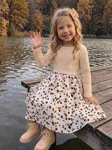 Emery Rose Kids Young Girl Knit Solid Color Round Neck Patchwork Woven Leopard Print Hem Casual Dress - Apricot - View 1