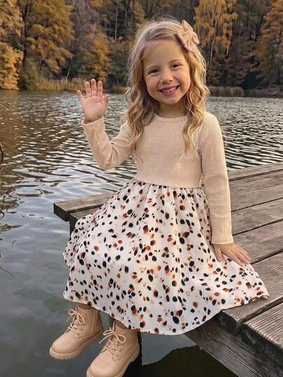 Emery Rose Kids Young Girl Knit Solid Color Round Neck Patchwork Woven Leopard Print Hem Casual Dress