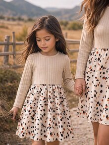 Emery Rose Kids Young Girl Knit Solid Color Round Neck Patchwork Woven Leopard Print Hem Casual Dress - Apricot - View 3