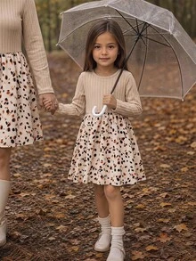 Emery Rose Kids Young Girl Knit Solid Color Round Neck Patchwork Woven Leopard Print Hem Casual Dress - Apricot - View 2