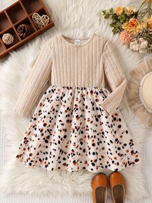 Emery Rose Kids Young Girl Knit Solid Color Round Neck Patchwork Woven Leopard Print Hem Casual Dress - Apricot - View 4