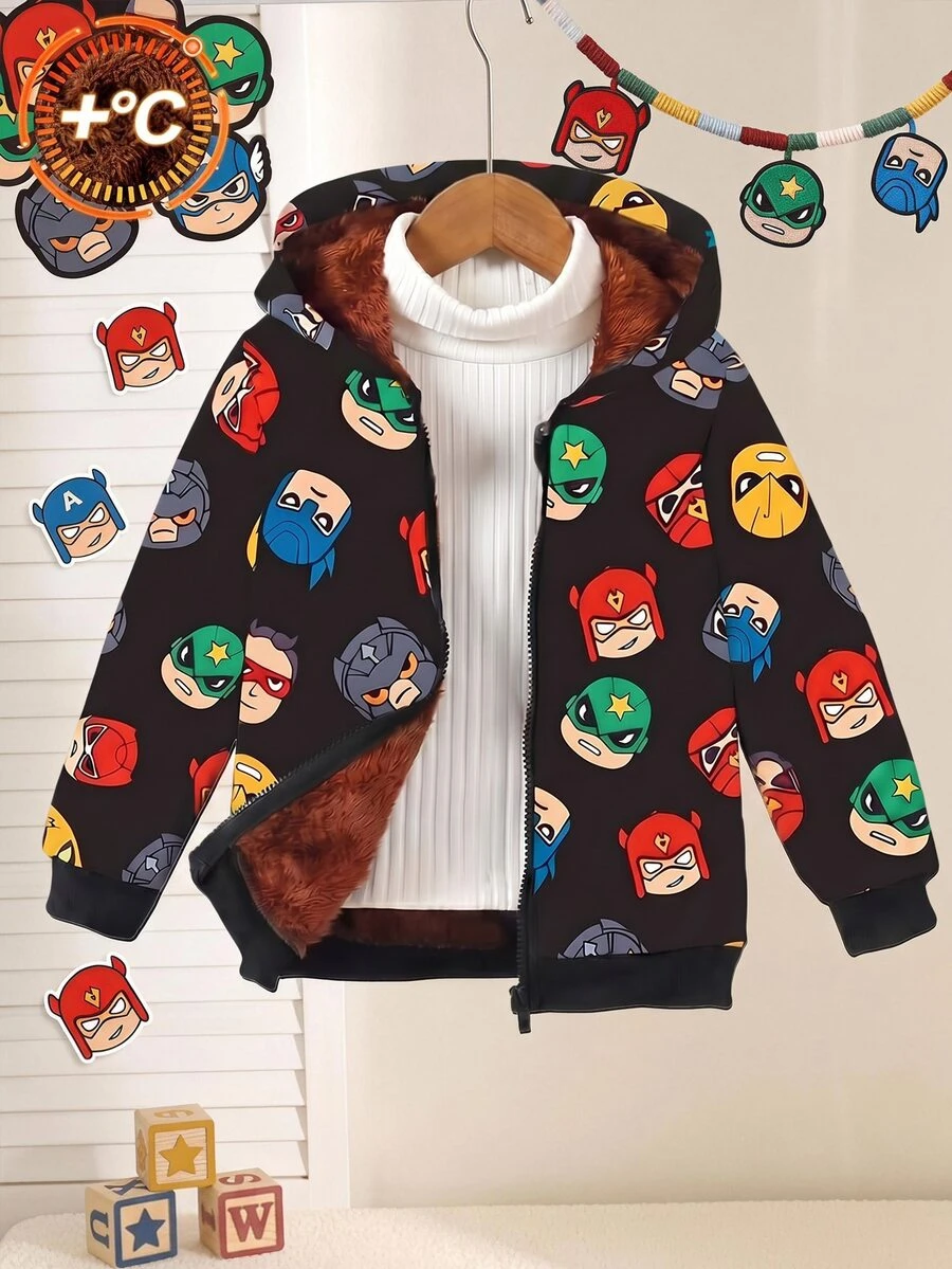 SHEIN Young Boy Cartoon Baby Character Print Fleece Lined Hooded Jacket, For Outdoor Activities, Protection And Warmth For Children. School Winter - Black - View 1