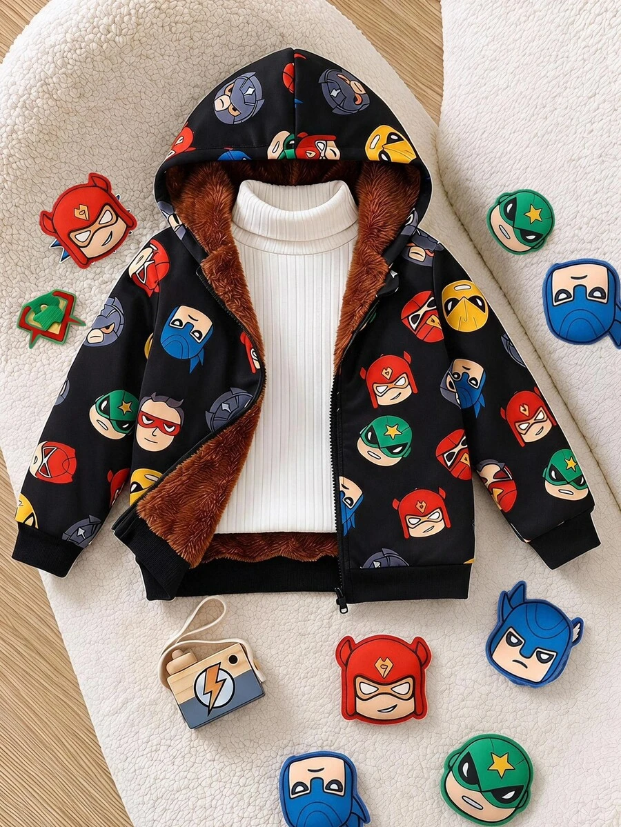 SHEIN Young Boy Cartoon Baby Character Print Fleece Lined Hooded Jacket, For Outdoor Activities, Protection And Warmth For Children. School Winter - Black - View 1