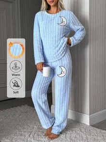 SHEIN Cottnline Blue Moon Applique Ribbed Plush Casual Pajama Set - Blue - View 7