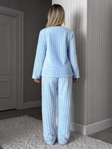 SHEIN Cottnline Blue Moon Applique Ribbed Plush Casual Pajama Set - Blue - View 8