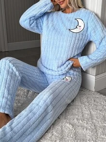 SHEIN Cottnline Blue Moon Applique Ribbed Plush Casual Pajama Set - Blue - View 5