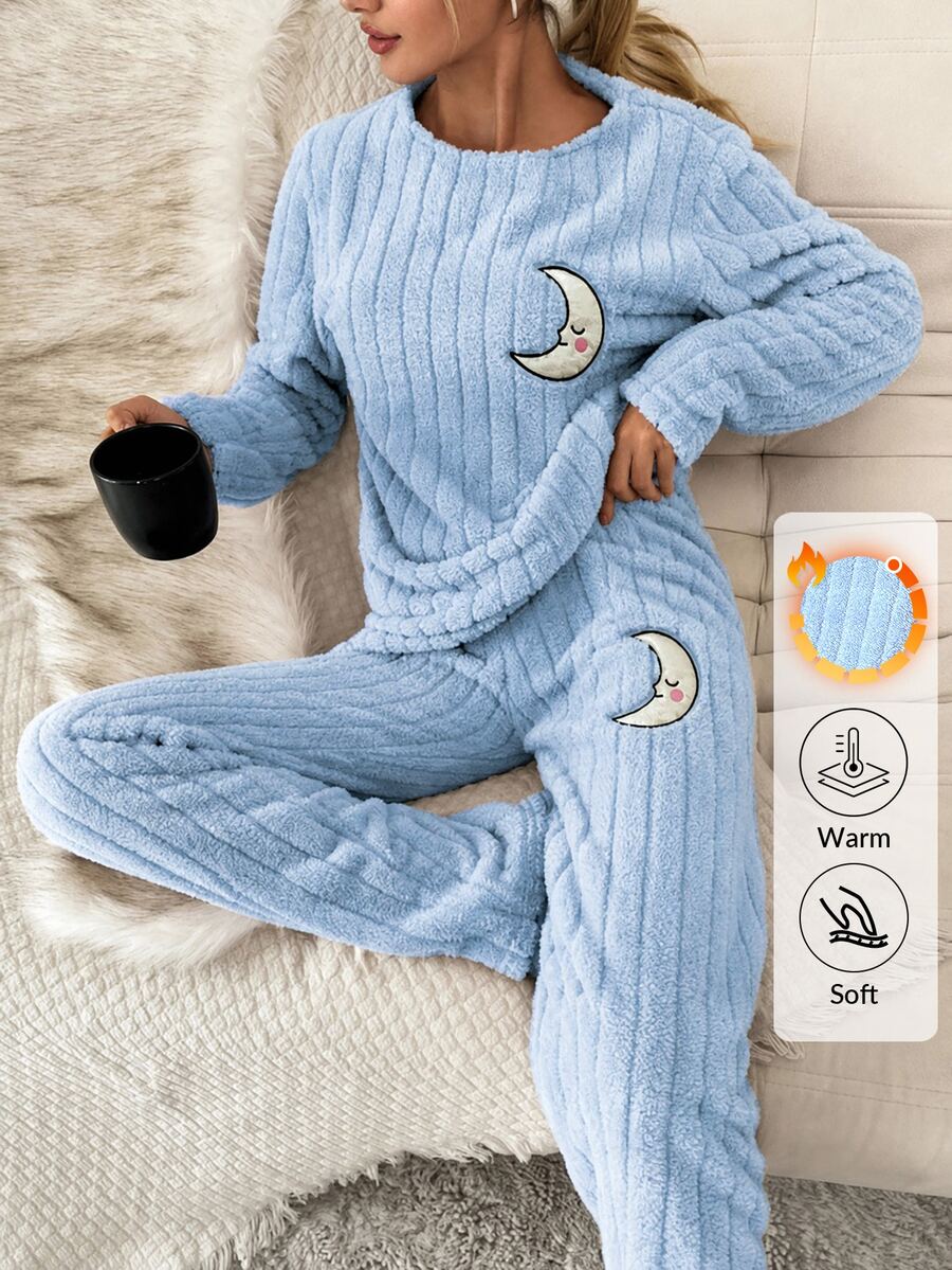 SHEIN Cottnline Blue Moon Applique Ribbed Plush Casual Pajama Set