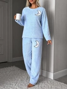 SHEIN Cottnline Blue Moon Applique Ribbed Plush Casual Pajama Set - Blue - View 4