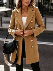 Balvessa Women's Solid Color Double-Breasted Elegant Casual Overcoat Office Business Camel Autumn - Coffee Brown - View 3