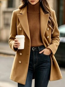 Balvessa Women's Solid Color Double-Breasted Elegant Casual Overcoat Office Business Camel Autumn - Coffee Brown - View 1