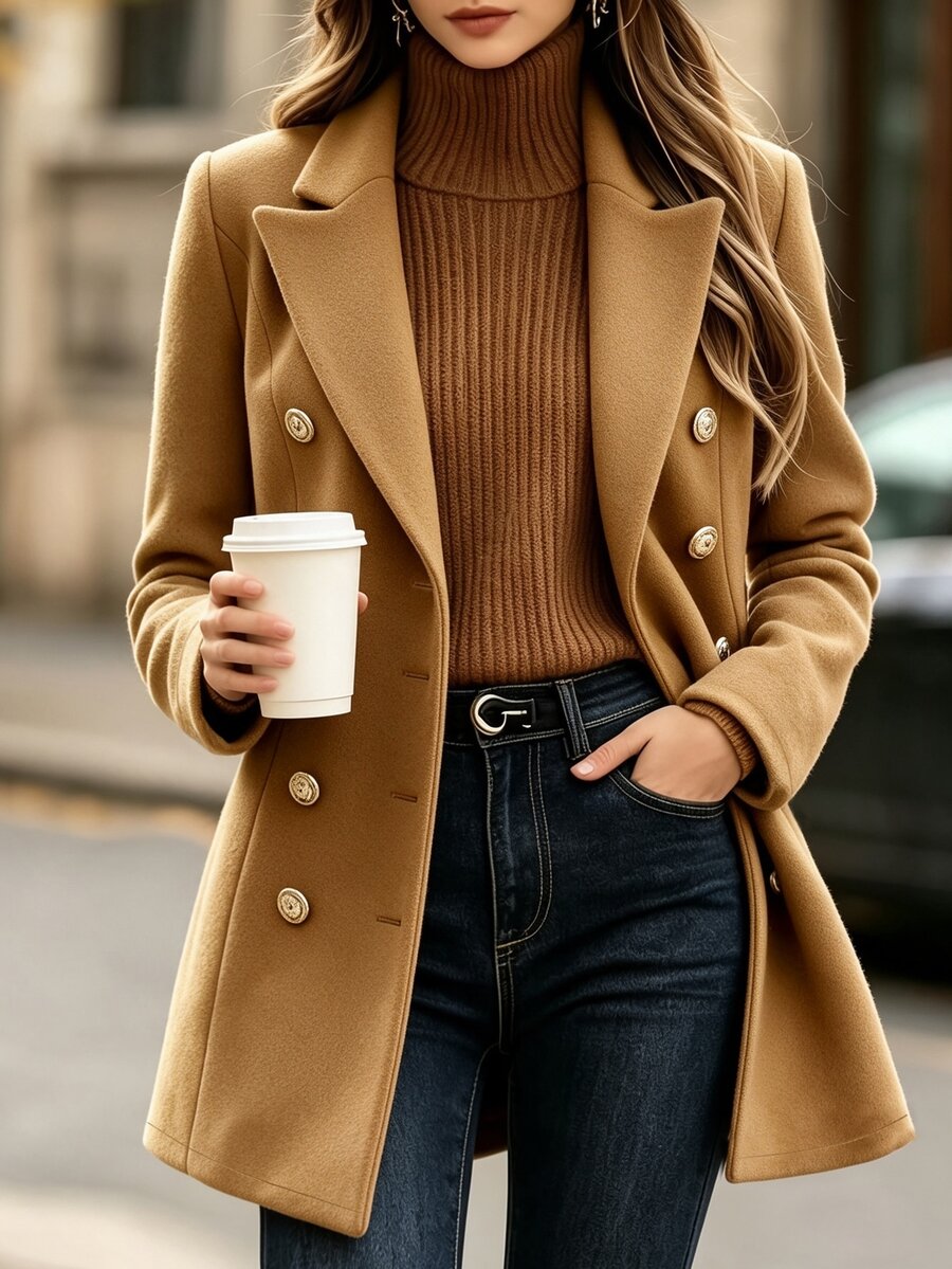 Balvessa Women's Solid Color Double-Breasted Elegant Casual Overcoat Office Business Camel Autumn - Coffee Brown - View 1