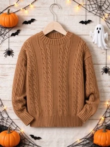Tween Boy Cable Knit Drop Shoulder Sweater Autumn Fall Pullover - Brown - View 6