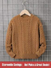 Tween Boy Cable Knit Drop Shoulder Sweater Autumn Fall Pullover - Brown - View 1