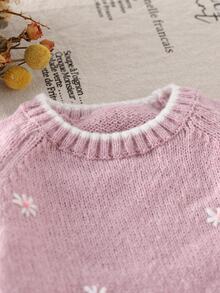 SHEIN 女嬰刺繡針織毛衣寬腿褲套裝，粉色花卉淺粉色，秋季可愛家庭親子套裝，舒適保暖冬季針織服飾 - 藕粉色 - 查看 4