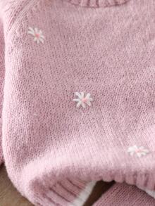 SHEIN 女嬰刺繡針織毛衣寬腿褲套裝，粉色花卉淺粉色，秋季可愛家庭親子套裝，舒適保暖冬季針織服飾 - 藕粉色 - 查看 5