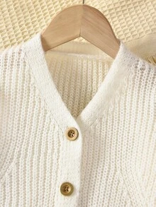 SHEIN Toddler Girls Cardigans,V-Neck Lantern Sleeve Knit Sweater Jacket,Back-To-School 80s Style,White,Winter,School,Textured Comfortable Cute Lightweight - Apricot - View 3