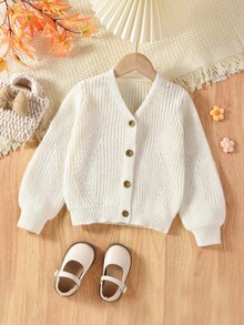SHEIN Toddler Girls Cardigans,V-Neck Lantern Sleeve Knit Sweater Jacket,Back-To-School 80s Style,White,Winter,School,Textured Comfortable Cute Lightweight - Apricot - View 7