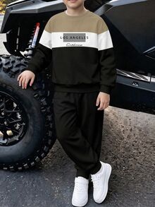 青少年男孩休閒極簡寬鬆舒適長袖圓領衛衣2件套，適合秋冬，卡通圖案 - 彩色 - 查看 2
