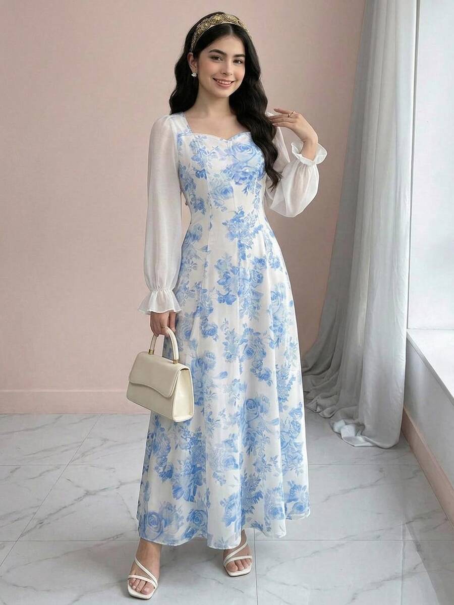 SHEIN Pitira Teen Girl Floral Print Chiffon Patchwork Long Sleeve Casual Modest Dress Blue Flower White Dress - Blue and White - View 1