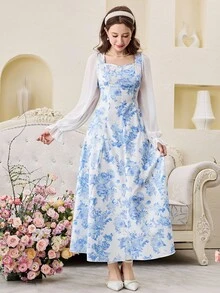 SHEIN Pitira Teen Girl Floral Print Chiffon Patchwork Long Sleeve Casual Modest Dress Blue Flower White Dress - Blue and White - View 5