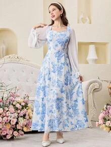 SHEIN Pitira Teen Girl Floral Print Chiffon Patchwork Long Sleeve Casual Modest Dress Blue Flower White Dress - Blue and White - View 4