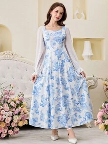 SHEIN Pitira Teen Girl Floral Print Chiffon Patchwork Long Sleeve Casual Modest Dress Blue Flower White Dress - Blue and White - View 3