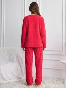 SHEIN طقم بيجامة منزلية شتوية مريحة مع تطريز دب نائم من الفرو الناعم الأحمر - وردي - مشاهدة 3