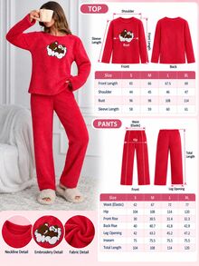 SHEIN طقم بيجامة منزلية شتوية مريحة مع تطريز دب نائم من الفرو الناعم الأحمر - وردي - مشاهدة 4